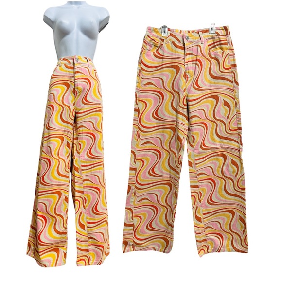 Colorful High Waist Groovy Print Wide Leg Jeans Size Large - Picture 1 of 8